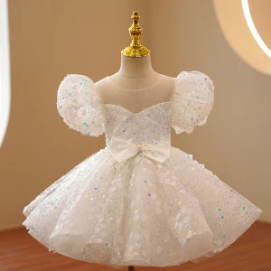 Sparkly White Laser Sequins Bow Birthday Flower Girl Dresses 2022 Ball Gown Scoop Neck Puffy Short Sleeve Floor Length Long Flower Girl Dresses