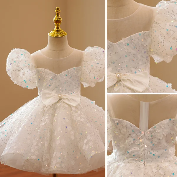 Sparkly White Laser Sequins Bow Birthday Flower Girl Dresses 2022 Ball Gown Scoop Neck Puffy Short Sleeve Floor-Length / Long Flower Girl Dresses