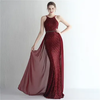 Sexy Bordeaux Paillettes Robe De Soirée 2024 Trompette Sirène Bretelles Spaghetti Sans Manches Dos Nu Longue Soirée Robe De Ceremonie