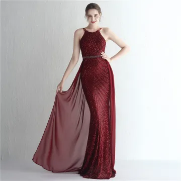 Sexy Bordeaux Paillettes Robe De Soirée 2024 Trompette Sirène Bretelles Spaghetti Sans Manches Dos Nu Longue Soirée Robe De Ceremonie