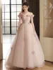Elegant Lavender Appliques Prom Dresses 2024 A-Line / Princess Off-The-Shoulder Sleeveless Backless Floor-Length / Long Prom Formal Dresses
