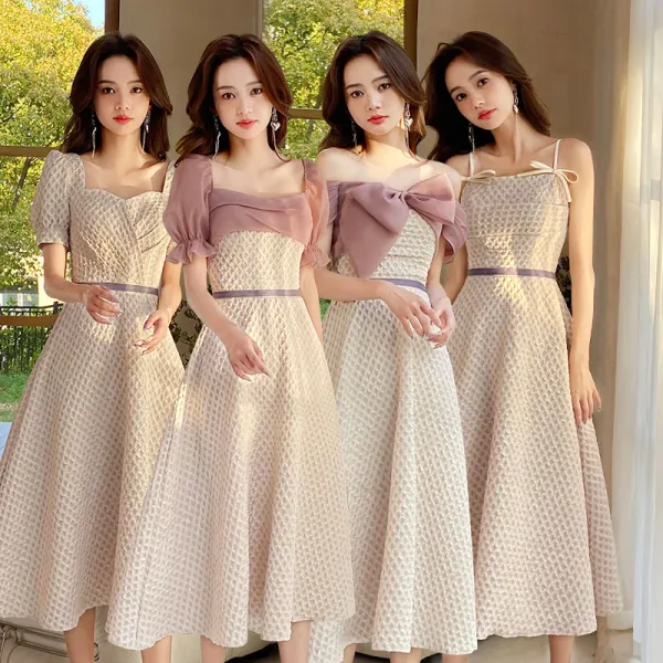 Modest / Simple Beige Bridesmaid Dresses 2022 A-Line / Princess Short Sleeve Backless Tea-length Bridesmaid