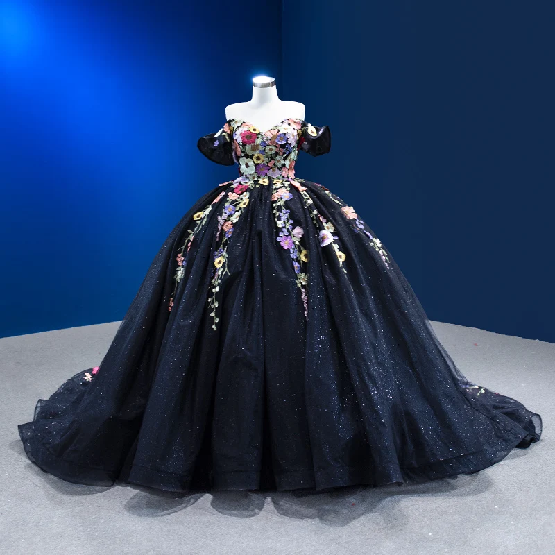 Flower Fairy High-End Black Lace Appliques Prom Dresses 2023 Ball Gown Off-The-Shoulder