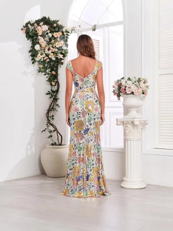 Sexy Multi-Colors Sequins Flower Evening Dresses 2025 Trumpet / Mermaid V-Neck Sleeveless Backless Floor-Length / Long Evening Party Formal Dresses