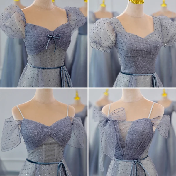 Chic / Beautiful Ocean Blue Glitter Spotted Bridesmaid Dresses 2023 A-Line / Princess Puffy Short Sleeve Backless Floor-Length / Long Bridesmaid