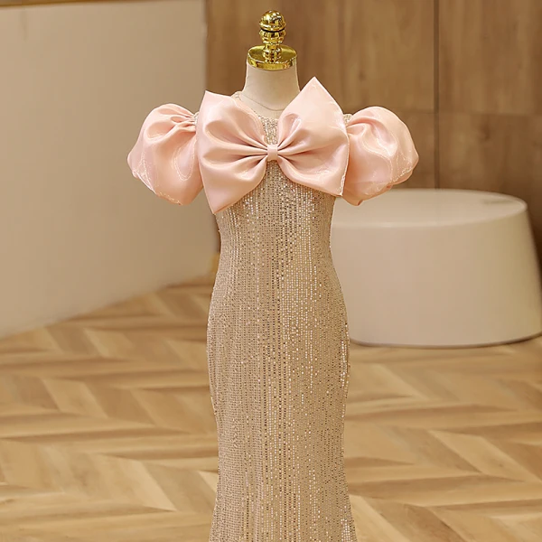 Sparkly Gold Sequins Birthday Flower Girl Dresses 2023 Trumpet / Mermaid Scoop Neck Puffy Short Sleeve Bow Floor-Length / Long Flower Girl Dresses