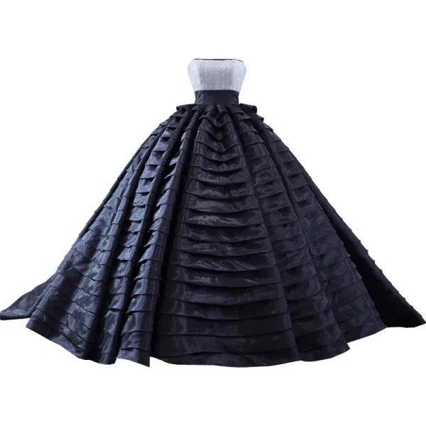 Charmant High End Schwarz Pailletten Fallende Rüsche Ballkleider 2023 Ballkleid Spaghettiträger Ärmellos Rückenfreies Sweep / Pinsel Zug Ball Festliche Kleider