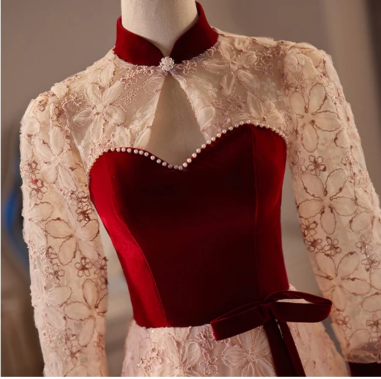 Chinese style Burgundy Pearl Flower Bow Prom Dresses 2024 A-Line / Princess High Neck 3/4 Sleeve Backless Floor-Length / Long Prom Formal Dresses