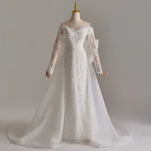 Elegant Chic Beautiful White Pearl Sequins Lace Flower Appliques Wedding Dresses 2025 Trumpet Mermaid Off The Shoulder Long Sleeve Backless Bow