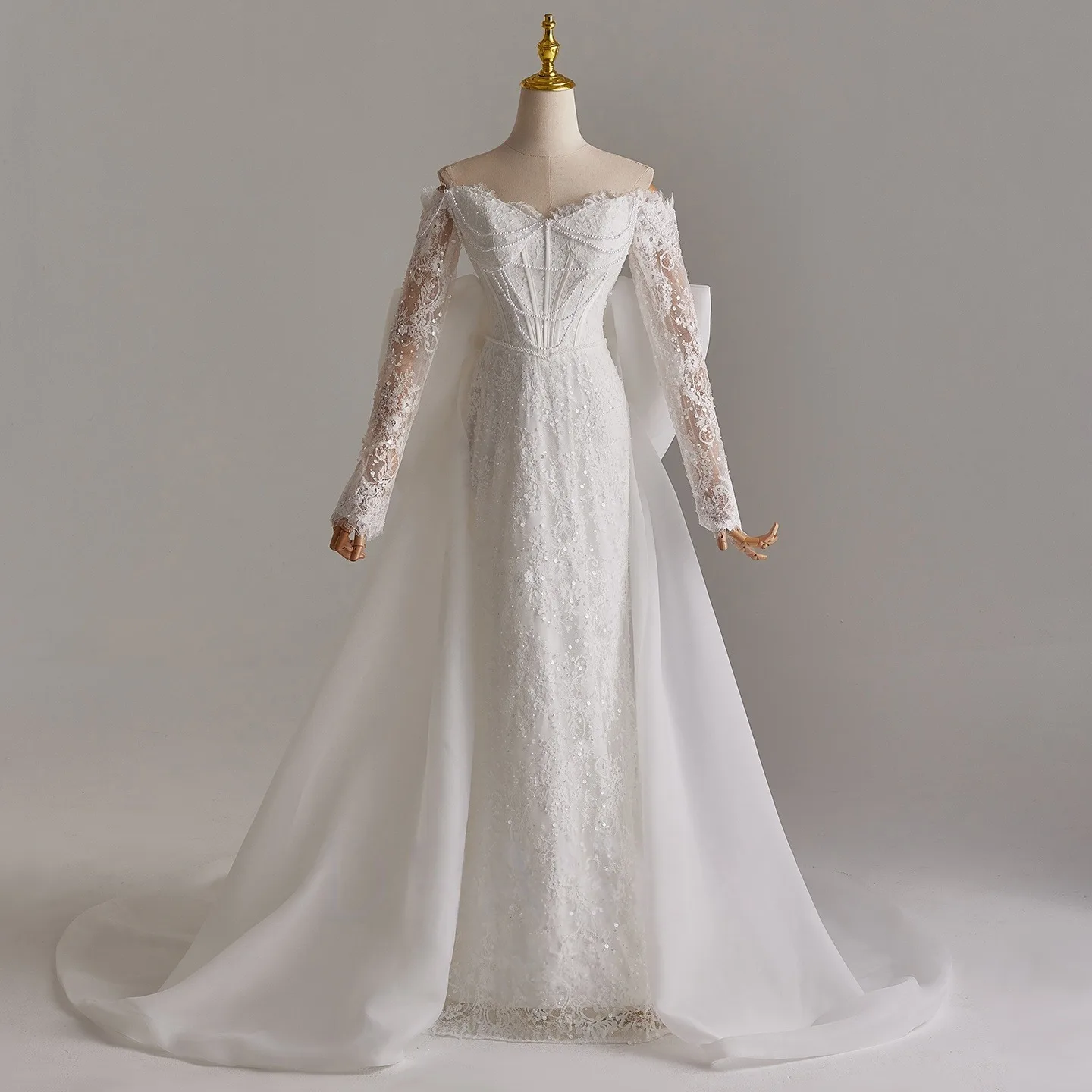 Elegant Chic Beautiful White Pearl Sequins Lace Flower Appliques Wedding  Dresses 2025 Trumpet Mermaid Off The Shoulder Long Sleeve Backless Bow