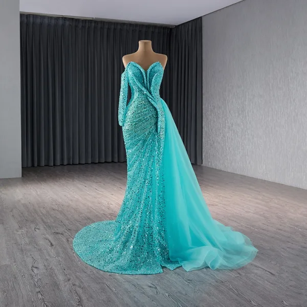 High-end Sexy Jade Green Handmade Beading Pearl Sequins Split Front Evening  Dresses 2024 Trumpet / Mermaid Off-The-Shoulder Long Sleeve Backless Sweep  ...