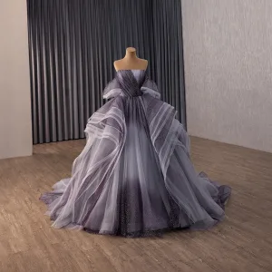 Sparkly High End Purple Gripende Ruffles Stjerne Paljetter Ballkjoler 2026 Ballkjole Strapless Uten Ermer Ryggløse Chapel Train Formelle Kjoler