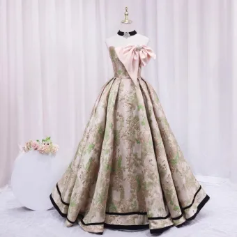 Moda Rumieniąc Różowy Druk Sukienki Na Bal 2024 Princessa Kokarda Bez Ramiączek Bez Rękawów Bez Pleców Długie Bal Sukienki Wizytowe