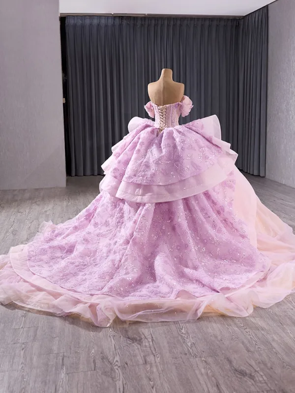 Haut de Gamme Charmant Rougissant Rose Perlage Perle Paillettes Robe De Bal 2025 Robe Boule De l'épaule Manches Courtes Dos Nu Noeud Chapel Train Promo