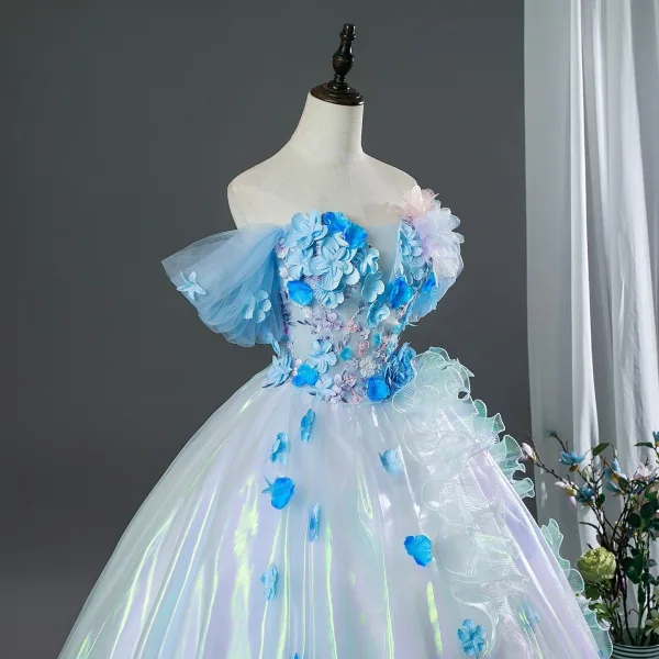 Zauberhaft Himmelblau Applikationen Ballkleider 2026 Ballkleid Off Shoulder Kurze Ärmel Rückenfreies Lange Festliche Kleider
