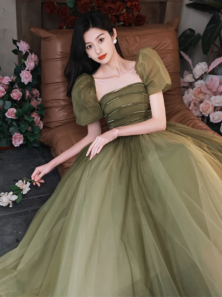 green emerald velvet dress Glitter Prom Dresses with Puff Sleeves