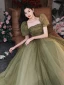 Modest / Simple Sage Green Prom Dresses A-Line / Princess 2022 Square Neckline Sequins Puffy Short Sleeve Backless Floor-Length / Long Formal Dresses