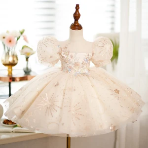 Chic Beautiful Champagne Beading Pearl Lace Flower Sequins Birthday Short Flower Girl Dresses 2023 Ball Gown Scoop Neck Puffy Short Sleeve Tulle