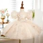 Chic / Beautiful Champagne Beading Pearl Lace Flower Sequins Birthday Short Flower Girl Dresses 2023 Ball Gown Scoop Neck Puffy Short Sleeve Tulle