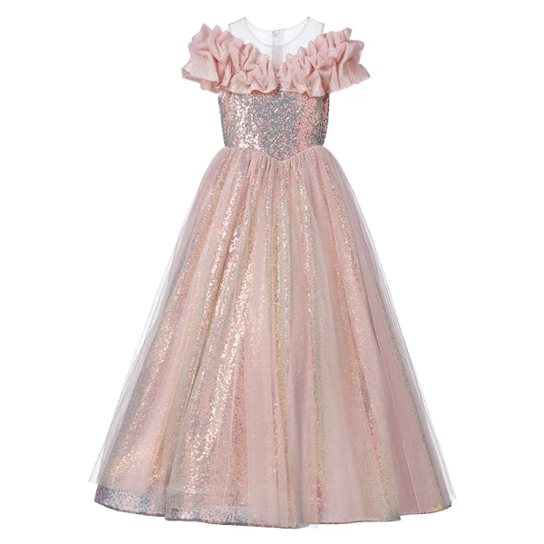 Sparkly Blushing Pink Glitter Sequins Birthday Flower Girl Dresses 2023 A-Line / Princess Ruffle Scoop Neck Short Sleeve Floor-Length / Long Flower Girl Dresses