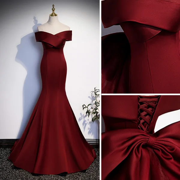 Illusion Burgundy Evening Dresses 2023 Trumpet / Mermaid Off-The-Shoulder Sleeveless Backless Bow Floor-Length / Long Evening Party Formal Dresses