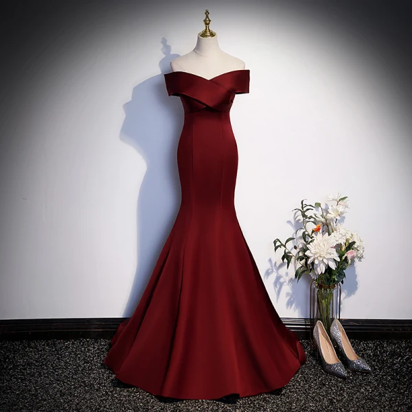 Illusion Burgundy Evening Dresses 2023 Trumpet / Mermaid Off-The-Shoulder Sleeveless Backless Bow Floor-Length / Long Evening Party Formal Dresses