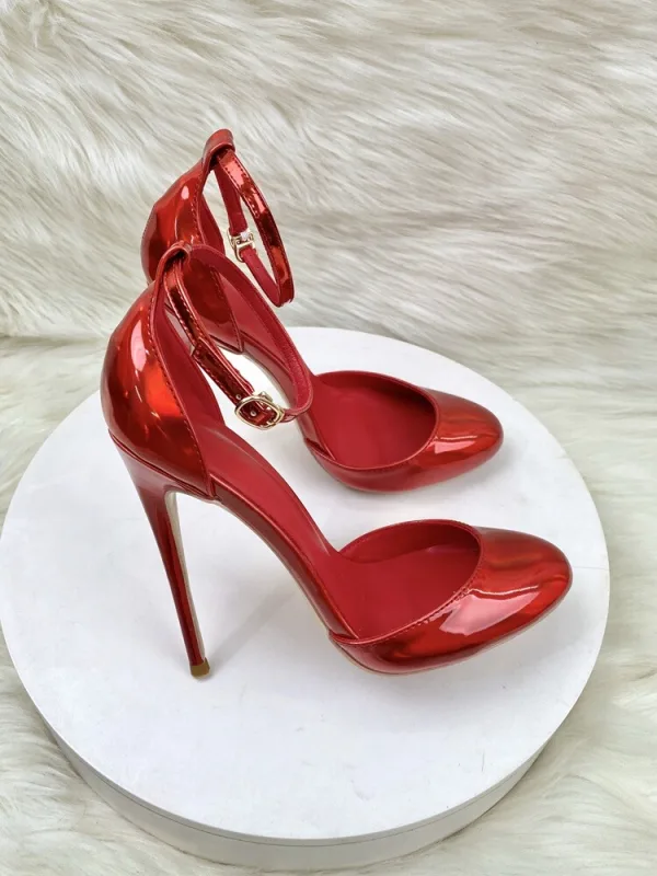 Sexy Burgundy Evening Party Patent Leather Womens Shoes 2024 Ankle Strap 12 cm Stiletto Heels Round Toe High Heels