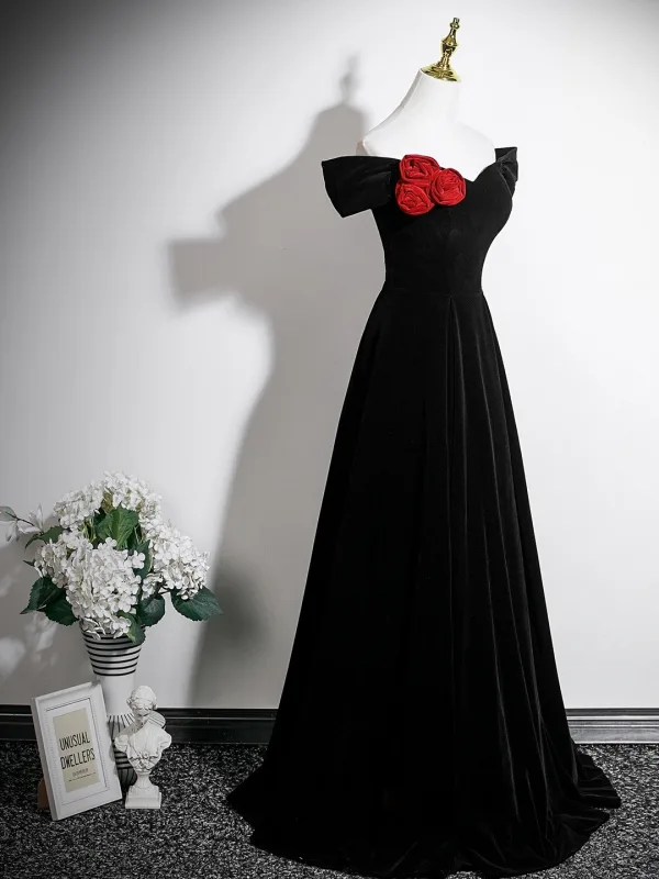 Fashion Black Velvet Appliques Evening Dresses 2025 A-Line / Princess Off-The-Shoulder Sleeveless Backless Floor-Length / Long Formal Dresses