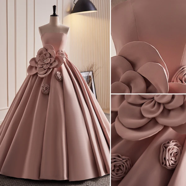 Vintage / Retro Dusky Pink Satin Prom Dresses 2023 Ball Gown Strapless Sleeveless Backless Bow Appliques Floor-Length / Long Prom Formal Dresses