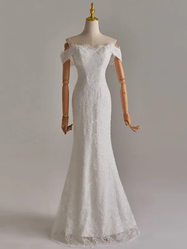 Elegant White Pearl Lace Flower Detachable Sweep Train Wedding Dresses 2025 Trumpet / Mermaid Off-The-Shoulder Sleeveless Backless