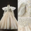 Luxury / Gorgeous Champagne Beading Pearl Lace Flower Appliques Birthday Flower Girl Dresses 2022 Ball Gown High Neck Puffy Short Sleeve Backless Floor-Length / Long Flower Girl Dresses
