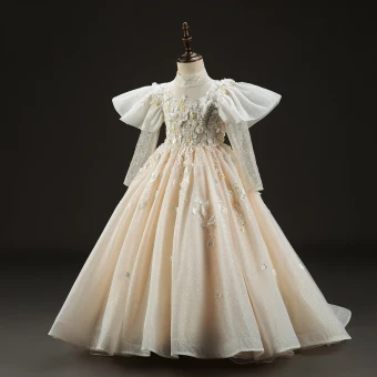 Luxury Gorgeous Champagne Beading Pearl Lace Flower Appliques Birthday Flower Girl Dresses 2022 Ball Gown High Neck Puffy Short Sleeve Backless Floor Length Long Flower Girl Dresses