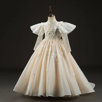Luxury Gorgeous Champagne Beading Pearl Lace Flower Appliques Birthday Flower Girl Dresses 2022 Ball Gown High Neck Puffy Short Sleeve Backless Floor Length Long Flower Girl Dresses