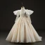 Luxury / Gorgeous Champagne Beading Pearl Lace Flower Appliques Birthday Flower Girl Dresses 2022 Ball Gown High Neck Puffy Short Sleeve Backless Floor-Length / Long Flower Girl Dresses