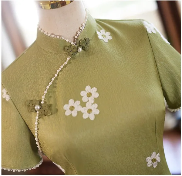 Chinese style Sage Green Floral Evening Party Cheongsam 2025 Trumpet / Mermaid High Neck Short Sleeve Floor-Length / Long Cheongsam / Qipao