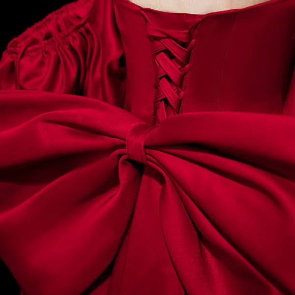 Chic / Beautiful Burgundy Satin Prom Dresses 2023 A-Line / Princess Strapless Short Sleeve Backless Bow Floor-Length / Long Prom Formal Dresses