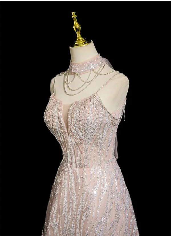 Scintillantes Rougissant Rose Perlage Faux Diamant Paillettes Robe De Bal 2025 Princesse Col Haut Sans Manches Dos Nu Longue Robe De Ceremonie