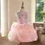 Lovely Blushing Pink Beading Appliques Sequins Short Birthday Flower Girl Dresses 2025 Ball Gown Scoop Neck Sleeveless Backless Tulle