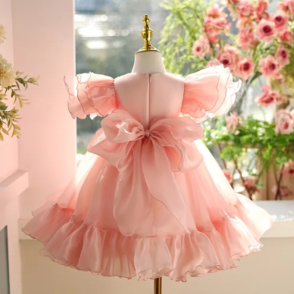 Chic / Beautiful Blushing Pink Beading Sequins Bow Birthday Flower Girl Dresses 2025 Ball Gown Scoop Neck Sleeveless Floor-Length / Long Tulle Flower Girl Dresses