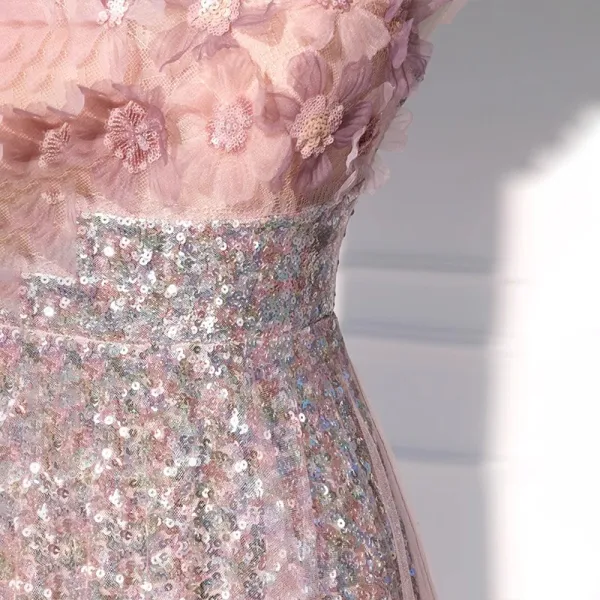 Charmant Rougissant Rose Paillettes Appliques Robe De Soirée 2023 Princesse Bretelles Spaghetti Sans Manches Dos Nu Longue Soirée Robe De Ceremonie