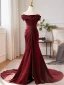 Chic / Beautiful Burgundy Backless Split Front Prom Dresses 2024 Trumpet / Mermaid Off-The-Shoulder Sleeveless Court Train Prom Formal Dresses