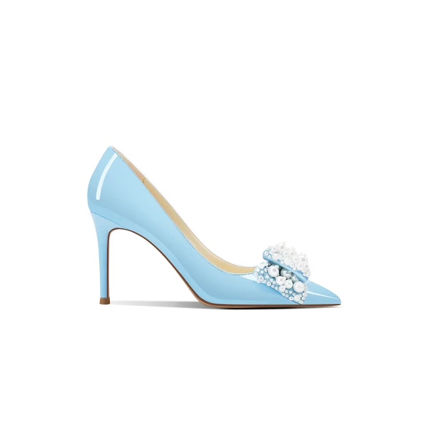 Sjarmerende Sukkertøyrosa Aften Perle Sløyfe Pumps 2024 Lær 8 cm Stiletthæler Spisse Pumps Høyhælte
