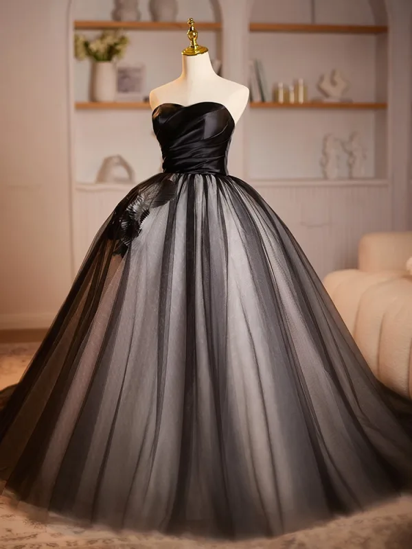 Audrey Hepburn-Stil Schwarz Applikationen Ballkleider Ballkleid 2024 Bandeau Ärmellos Rückenfreies Lange Ball Festliche Kleider
