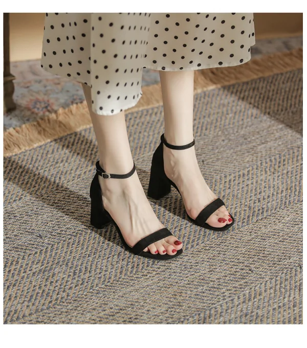Simple Noire Été Désinvolte Daim Sandales Femme 2022 Bride Cheville 7 cm Talons Épais Peep Toes / Bout Ouvert Sandales Talons Hauts