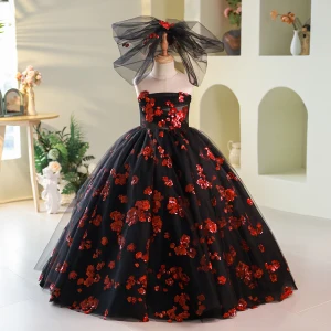 Charmant Noire Paillettes Train De Balayage Robe Ceremonie Fille 2024 Robe Boule Bustier Sans Manches Dos Nu