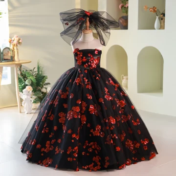 Charmant Noire Paillettes Train De Balayage Robe Ceremonie Fille 2024 Robe Boule Bustier Sans Manches Dos Nu