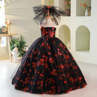 Charming Black Sequins Sweep Train Flower Girl Dresses 2024 Ball Gown Strapless Sleeveless Backless
