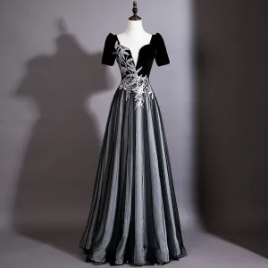 Vintage Retro Black Embroidered Sequins Prom Dresses 2026 A Line Princess Square Neckline Short Sleeve Backless