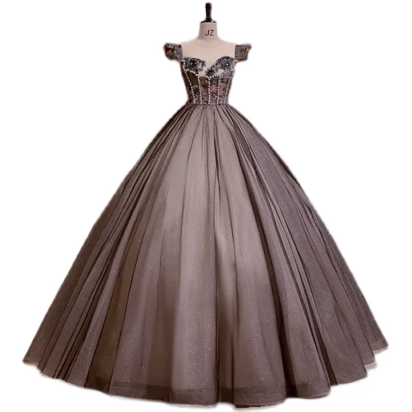 Élégant Noire Perle Paillettes En Dentelle Fleur Robe De Bal 2022 Robe Boule Encolure Dégagée Sans Manches Longue Robe De Ceremonie