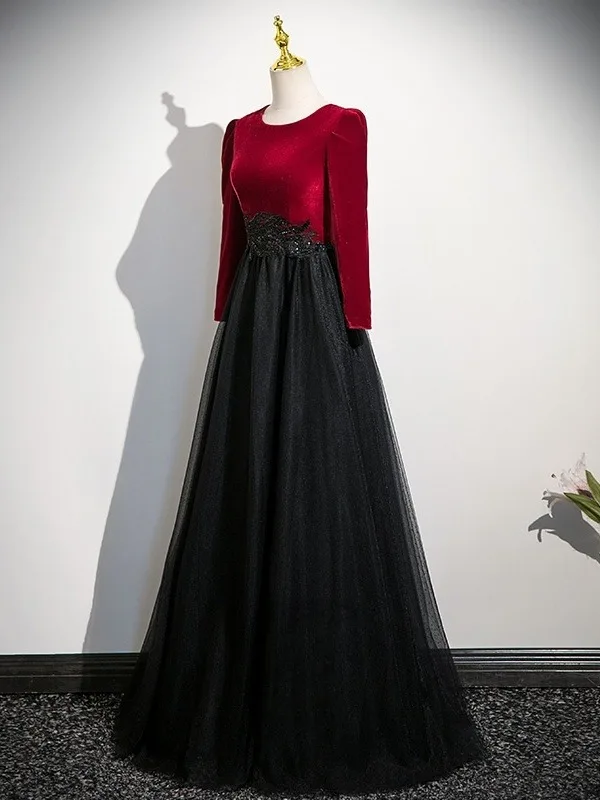 Vintage / Retro Burgundy Beading Velvet Prom Dresses 2025 A-Line / Princess Scoop Neck Long Sleeve Floor-Length / Long Formal Dresses